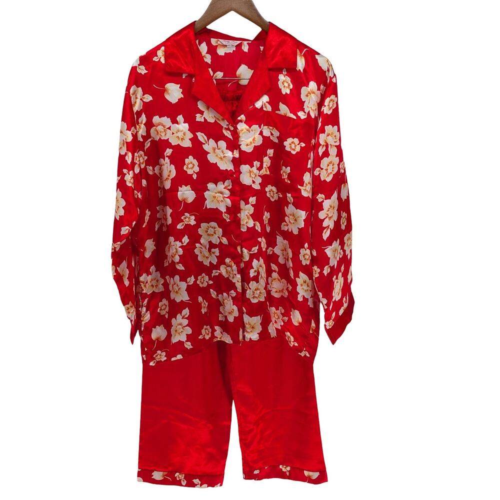 Vintage Moon Face Fashion Red Floral Satin Pajama Set XXL 2 Piece Sleepwear